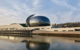 Wooden and glass Seine Musicale powered by moving solar sail