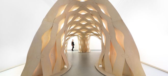 Sewn Timber Shell uses sewing to create a wooden structure