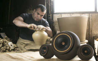 These wireless speakers are made from clay, wood and wool