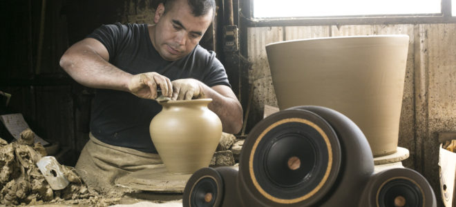 These wireless speakers are made from clay, wood and wool
