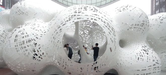 White aluminium pavilion is inspired by author Jules Verne