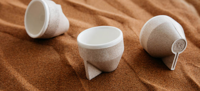 Coffee cups made from a sand material inspired by dunes