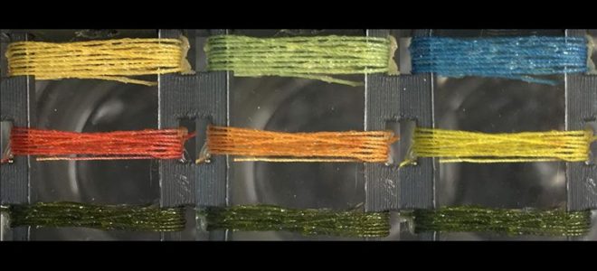 Specially dyed threads change colour in reaction to harmful gases