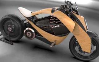 An electric motorcycle made of curved wood