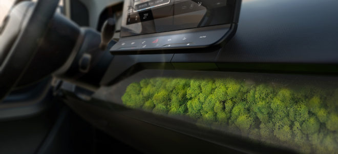 A solar charged car with moss interior