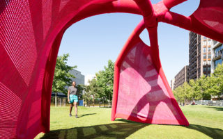 A pavilion made of recycled colourful yarn