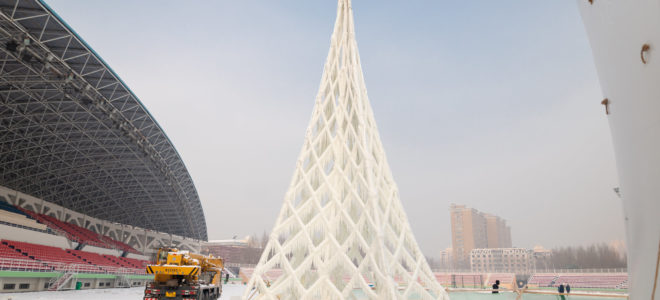 A pentagonal ‘Eiffel tower’ made of ice and cellulose