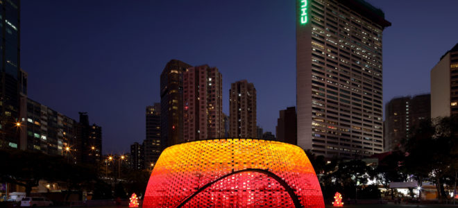 A pavilion made of recycled plastic bricks