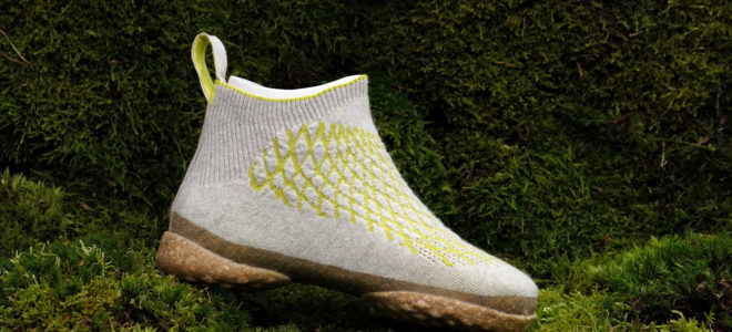 A 3D knitted sneaker made of dog hair and mycelium