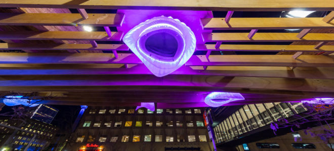 A mass timber canopy with 3D printed colourful lights