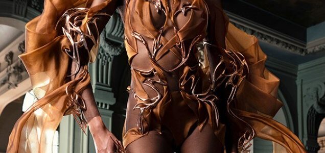 A 3D printed haute couture dress made of cocoa beans