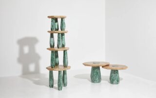Stacked tables made of engineered waste wood