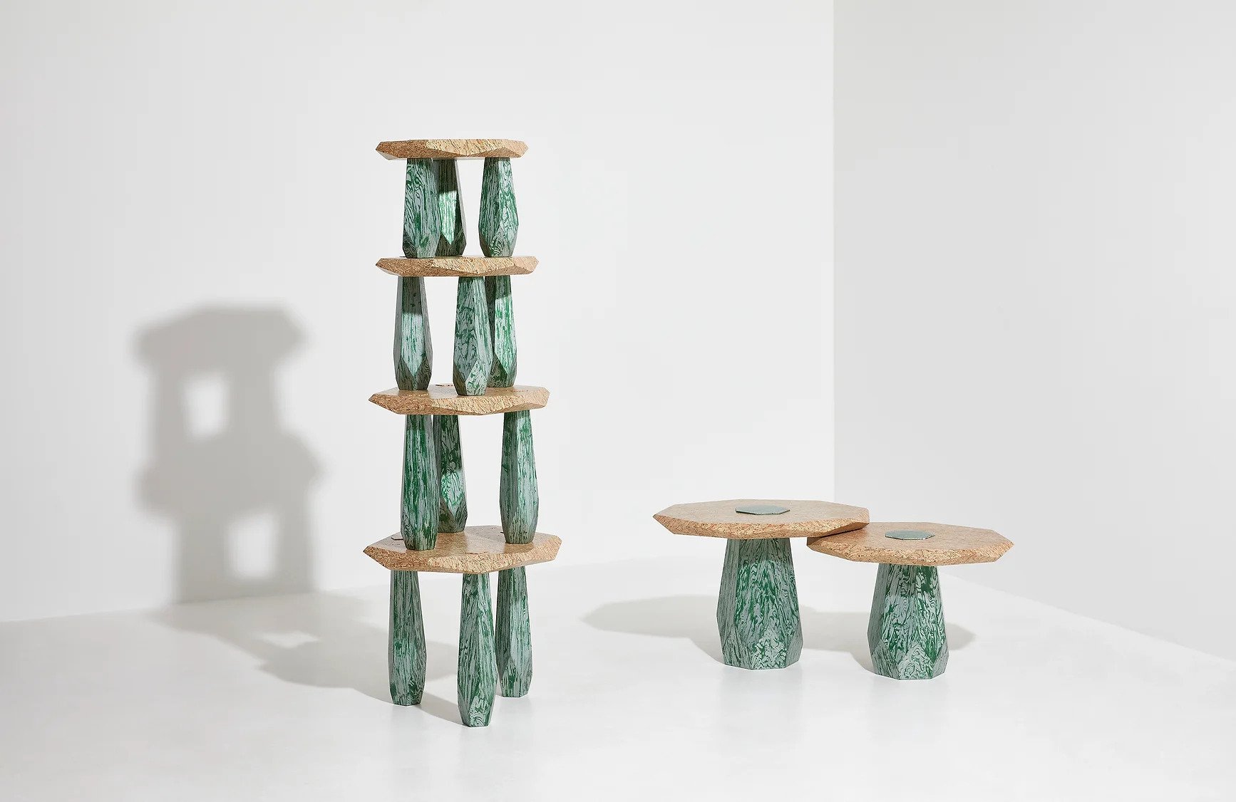 Stacked tables made of engineered waste wood MaterialDistrict