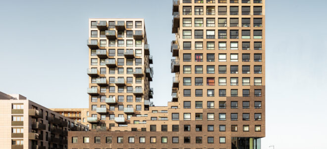 A high-rise building made of repurposed urban waste