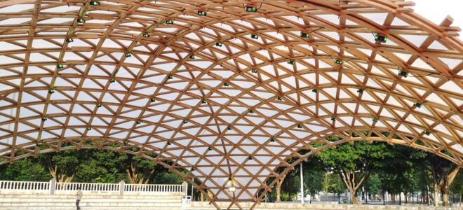 A bamboo-timber grid shell