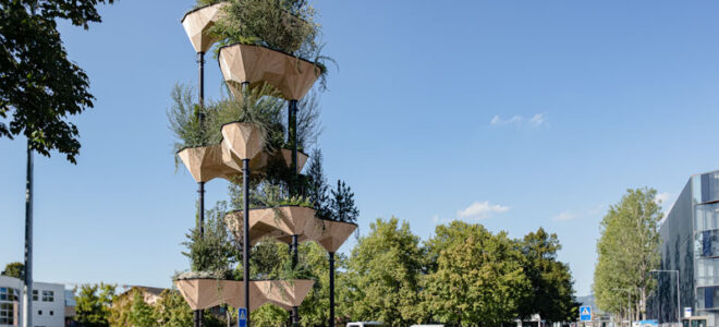 A timber vertical garden made with artificial intelligence