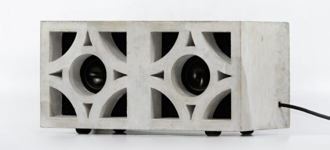 A speaker made of a concrete masonry block