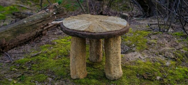 A stool made of spent shower sponges and coffee grounds