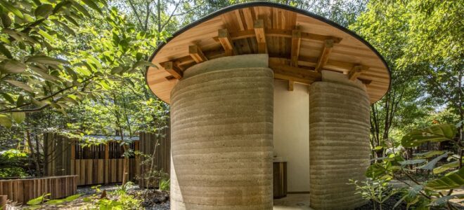 A structure made of rammed earth and wood
