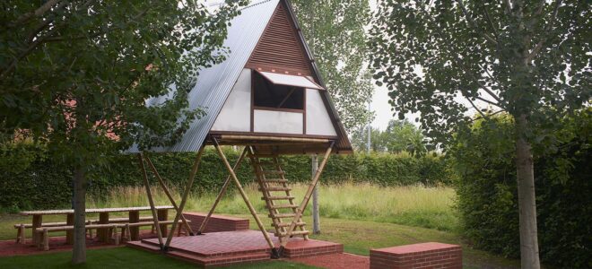 A moveable flood-resistant tiny house made of bamboo